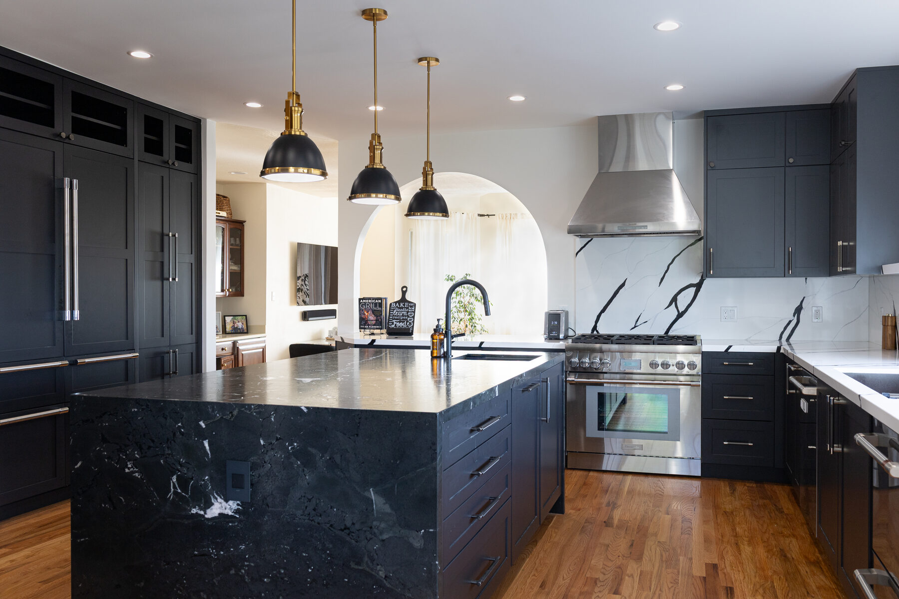 Kitchen wide view with pendants